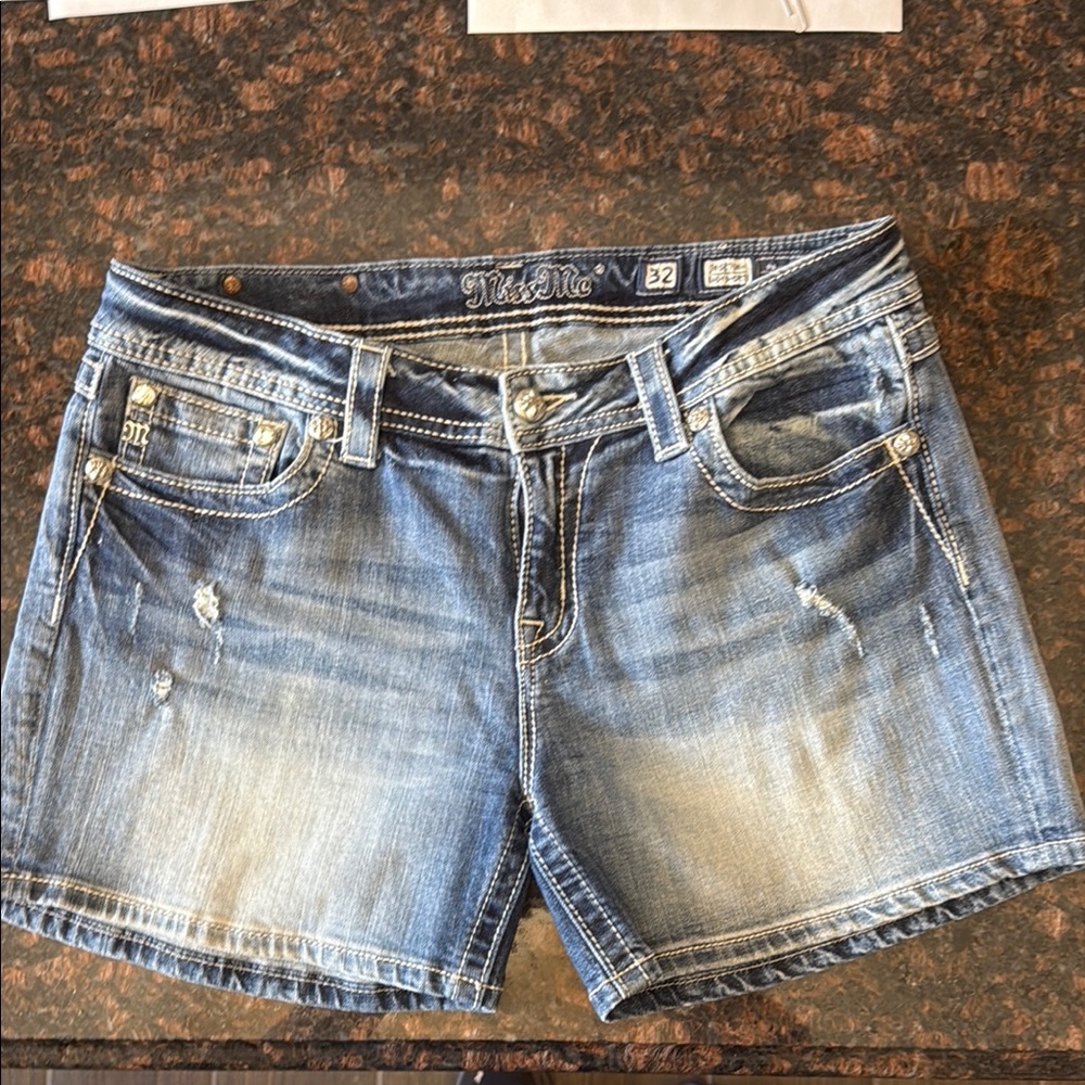 Miss Me Blue Jean Shorts with Distressed Details